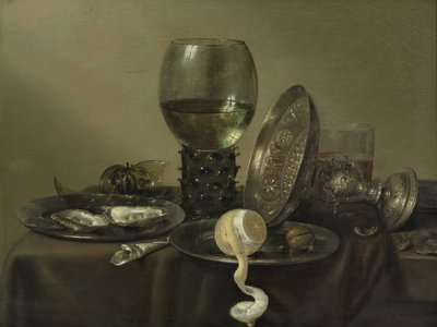 Ainda vida com ostras, um rum, um limão e uma taça de prata de Willem Claesz. Heda